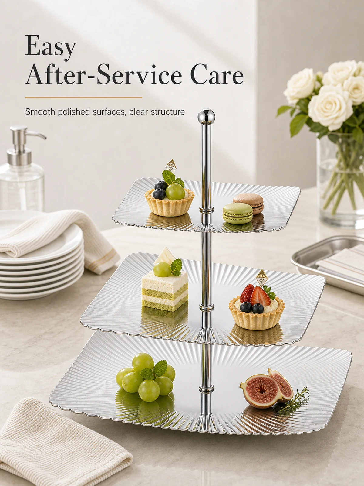 After-service care arrangement for polished three-tier dessert stand